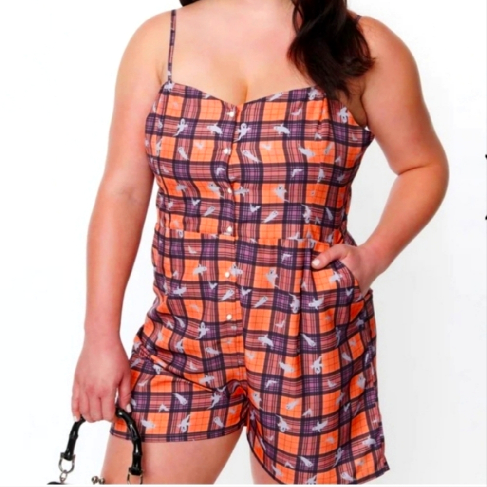 Sample - NWT Unique Vintage Plaid Ghosts and Bats Romper
